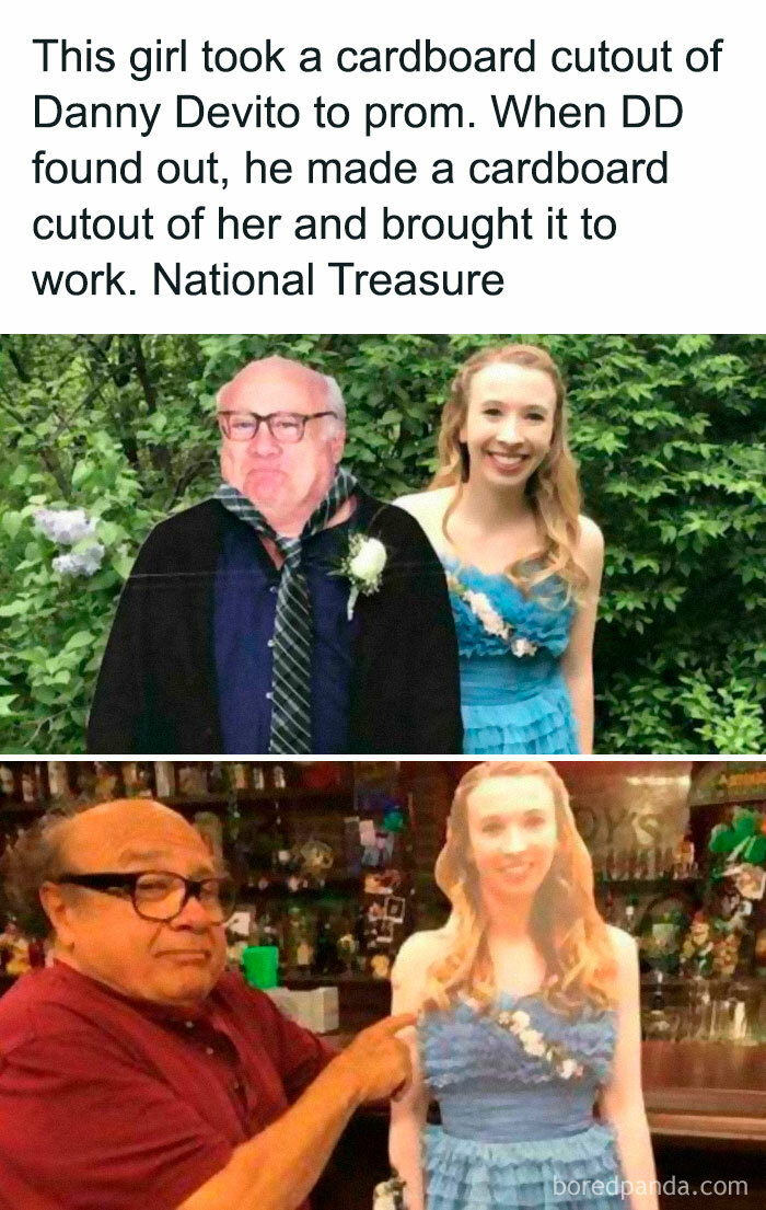 Hilarious image of a girl with a cardboard cutout and reciprocated by a cutout at a bar.