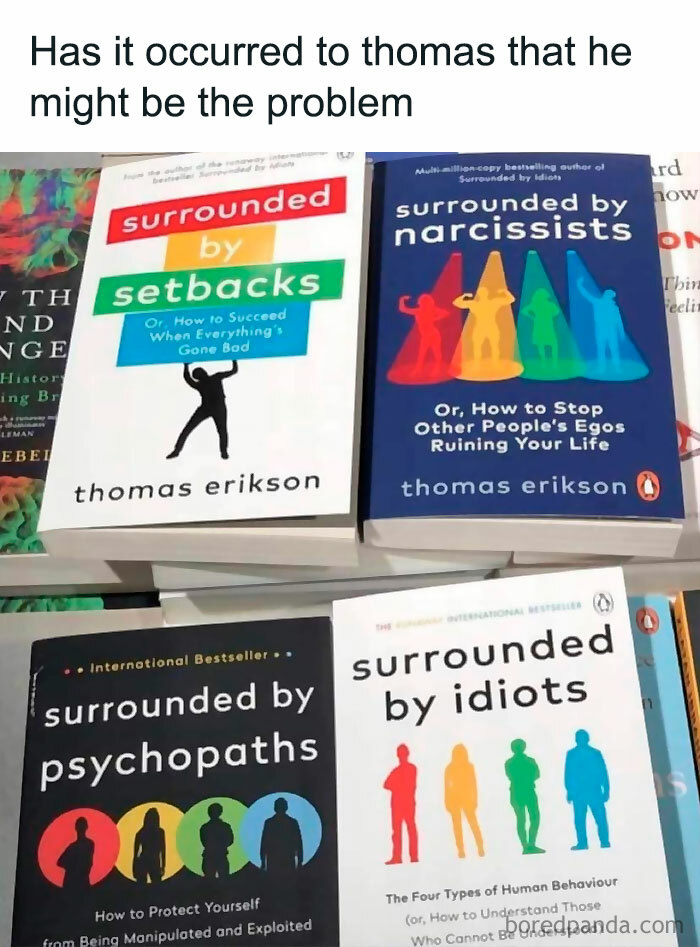 “Hilarious image of Thomas Erikson books suggesting he might be the problem, featuring covers on psychology topics.”