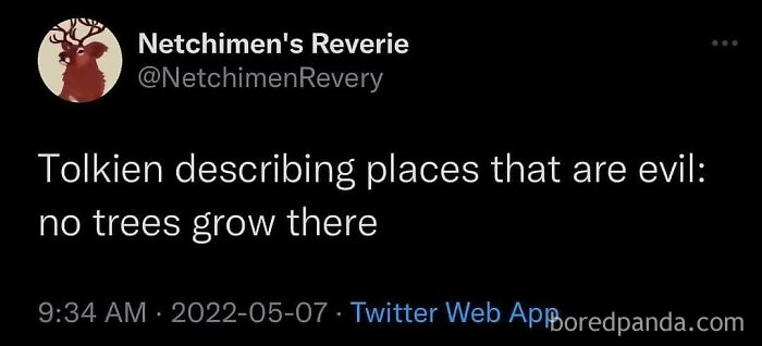 Hilarious image with Tolkien text joke, humorously describing evil places as treeless.