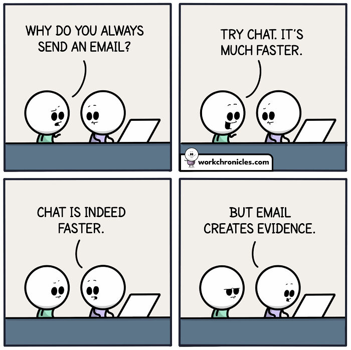Comic strip about email vs chat; email mentioned as evidence.