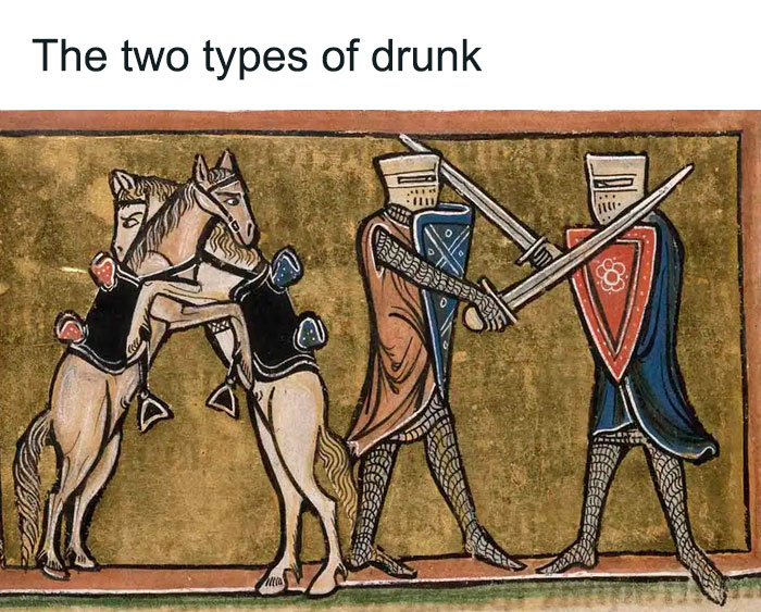 Medieval art depicting two knights fighting while their horses embrace, humorously illustrating the types of drunk.