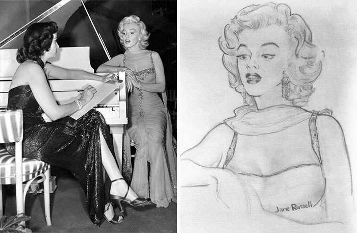 Two women in elegant gowns at a piano, and a pencil sketch of one of the women.