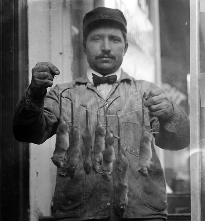 Man in period clothing showcasing a string of rats, representing a job that has died out as society evolved.
