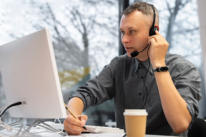 Man working at a computer with a headset, possibly on his first day at a job, holding a pencil.