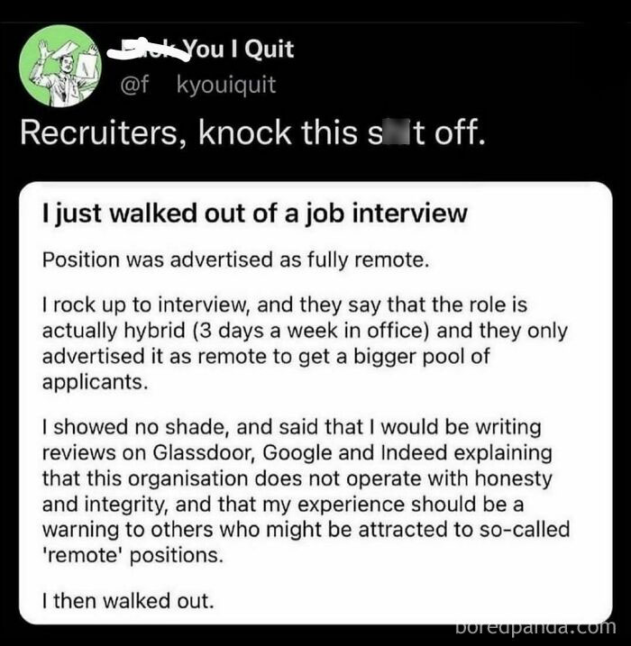 Random meme about a misleading job interview labeled as remote, humorously calling out deceptive hiring practices.
