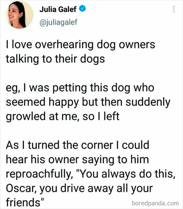 Text meme about a dog named Oscar growling after seeming friendly, followed by owner's funny reproachful comment.