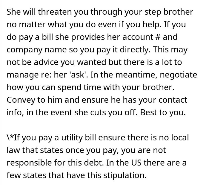 Text discussing advice on managing payments and contact with a stepbrother; involves dad&rsquo;s ex-wife and rent concerns.