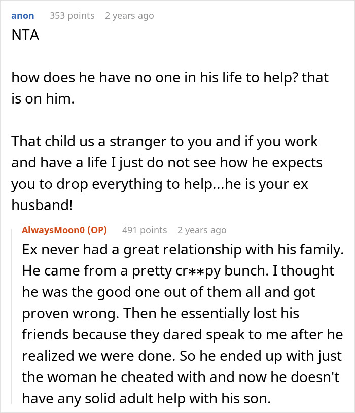 Reddit discussion on woman's refusal to engage with ex's affair child, leading to his smear campaign against her. Reddit discussion on woman's refusal to engage with ex's affair child, leading to his smear campaign against her.