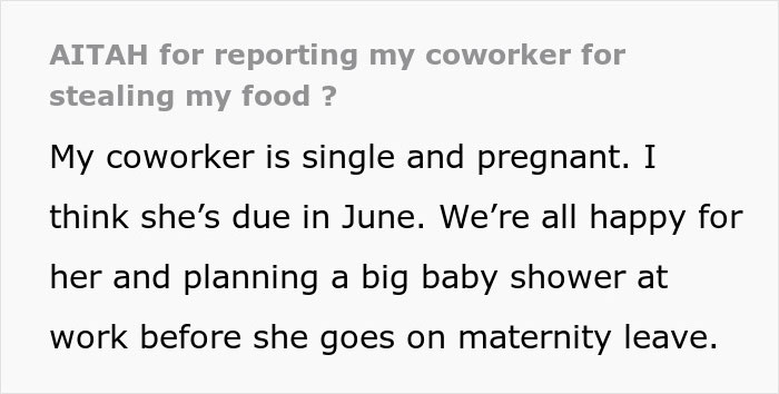 Pregnant coworker upset over food issues, concerned about her cravings, and preparing for maternity leave. Pregnant coworker upset over food issues, concerned about her cravings, and preparing for maternity leave.