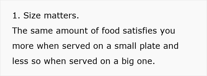Text explaining how restaurants manipulate spending by using smaller plates to increase food satisfaction.