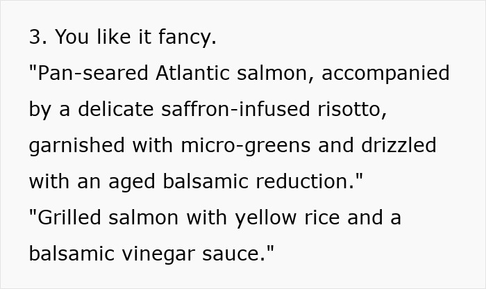 Restaurants manipulate spending with fancy dish descriptions like "pan-seared Atlantic salmon with saffron-infused risotto.
