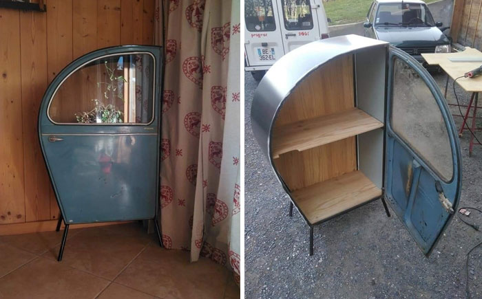 Recycled car door transformed into a vintage cabinet with shelves, showcasing creative recycling ideas.