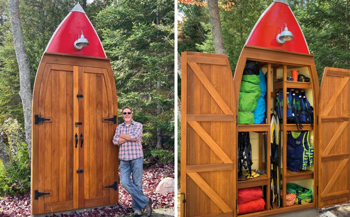 Man standing by a recycled canoe turned into a storage shed, showcasing creative recycling ideas.