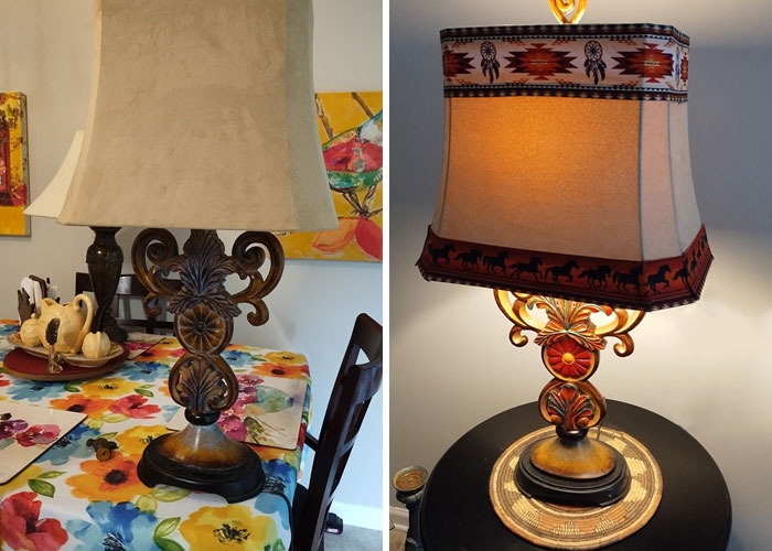 Vintage lamp recycled with new lampshade and painted base, showcasing creative recycling ideas for home decor.