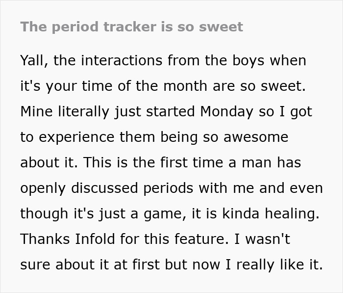 Period tracker in mobile game praised for fostering positive interactions.