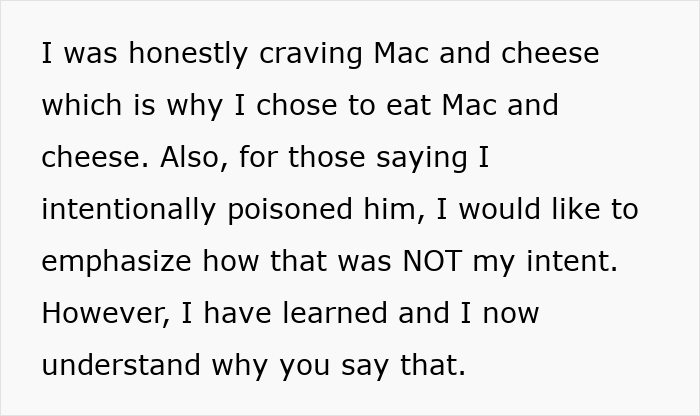 Text discussing craving mac and cheese and addressing concerns about unintentional harm related to food sharing.