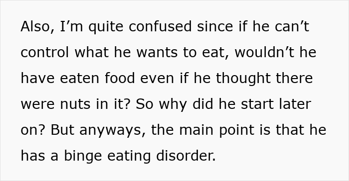 Text about roommate eating food and having a binge eating disorder.