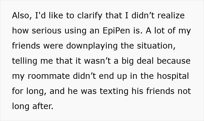 Text about using an EpiPen related to a situation involving food and allergies.