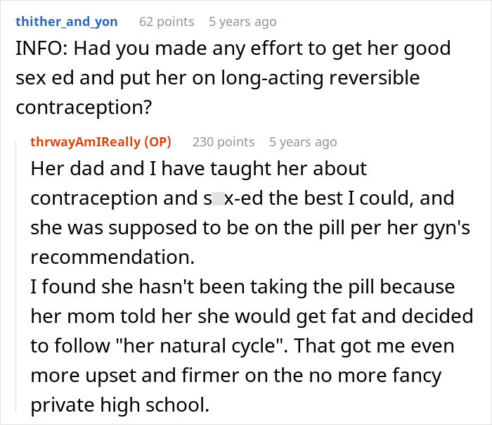 Reddit discussion about teen mom's birth control education and conflicting advice from mother and stepmom.