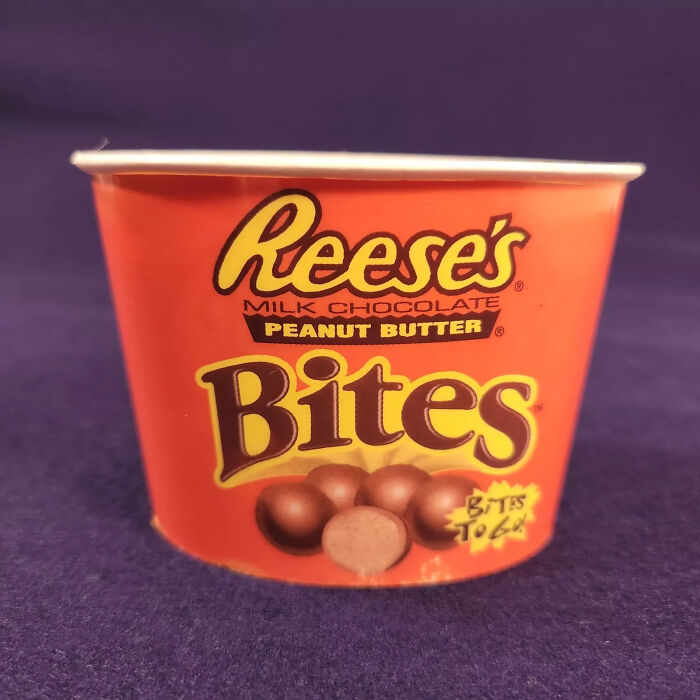 A cup of Reese's Bites, a discontinued 90s and 2000s food item.