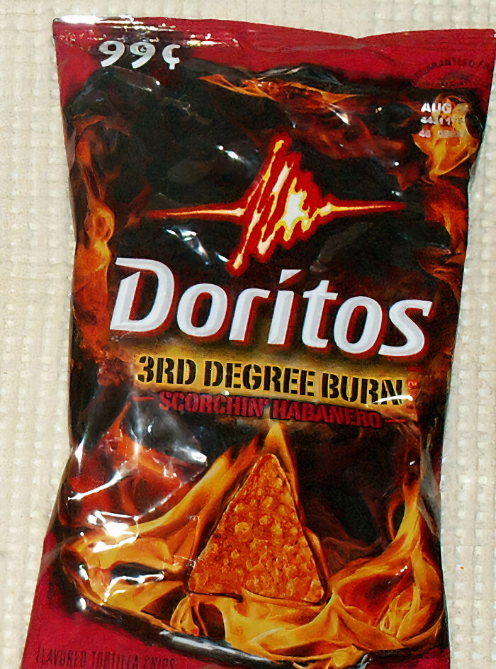 Bag of Doritos 3rd Degree Burn, a vanished food item from the 90s and 2000s, featuring "Scorchin' Habanero" flavor.