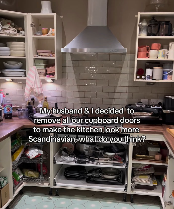 Kitchen transformation with open cabinets showing dishes and cookware, part of a Scandinavian-inspired redesign. Kitchen transformation with open cabinets showing dishes and cookware, part of a Scandinavian-inspired redesign.