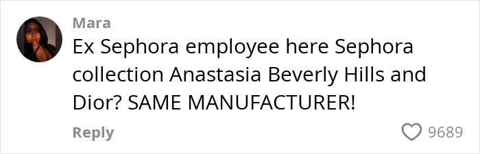 Comment from a former Sephora employee revealing brand manufacturing secrets with high user engagement.