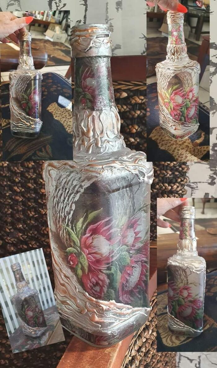 Horrendous DIY project of a decorated bottle with heavy floral design and uneven texture, multiple angles shown.