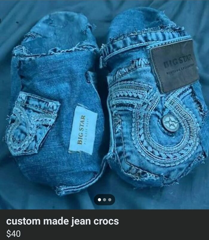 DIY jean crocs crafted from denim, showcasing a unique but horrendous homemade design on display.