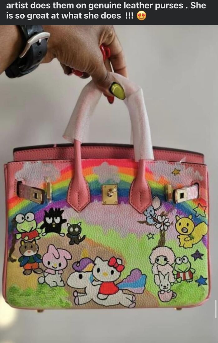 A leather purse with colorful cartoon characters and a rainbow, representing a horrendous DIY craft project.
