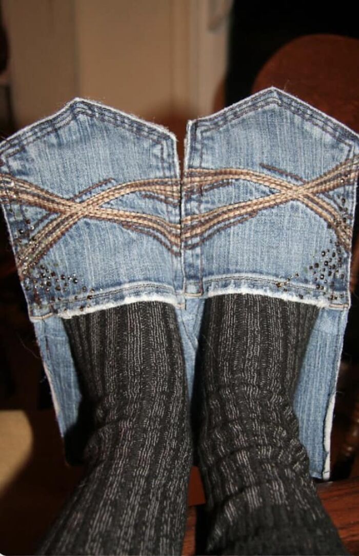 DIY craft gone wrong: denim pants turned into awkward slippers with socks visible.