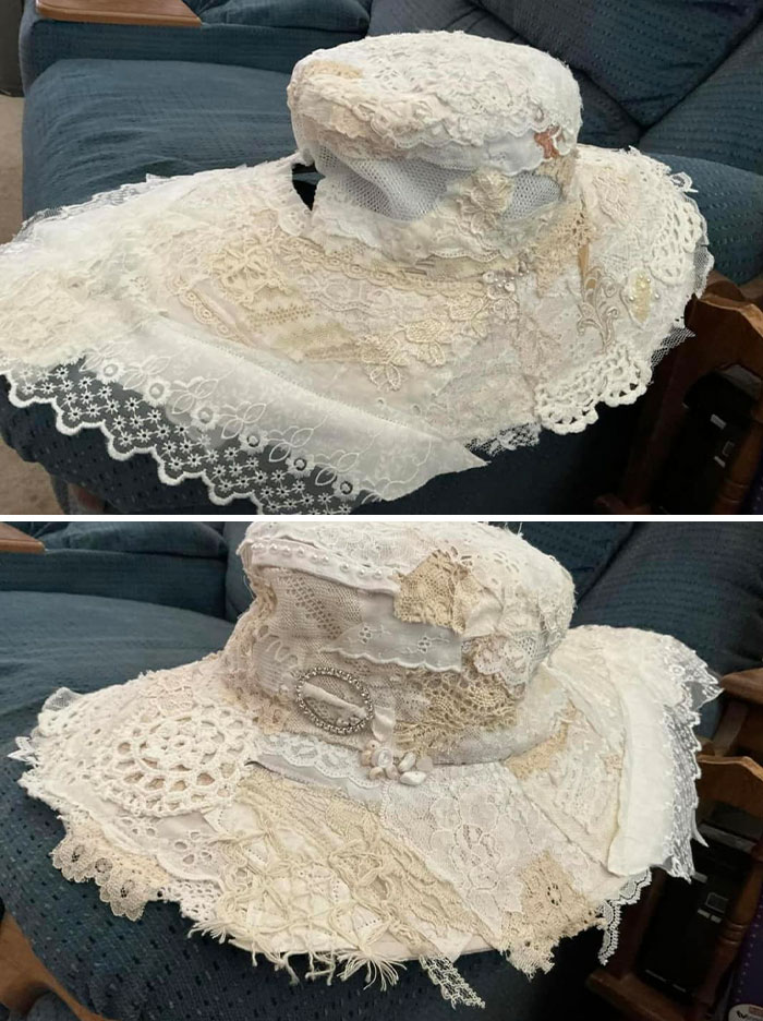 Lace-covered DIY hats on a blue sofa, illustrating unique craft projects that need to be shamed for their creative excess.