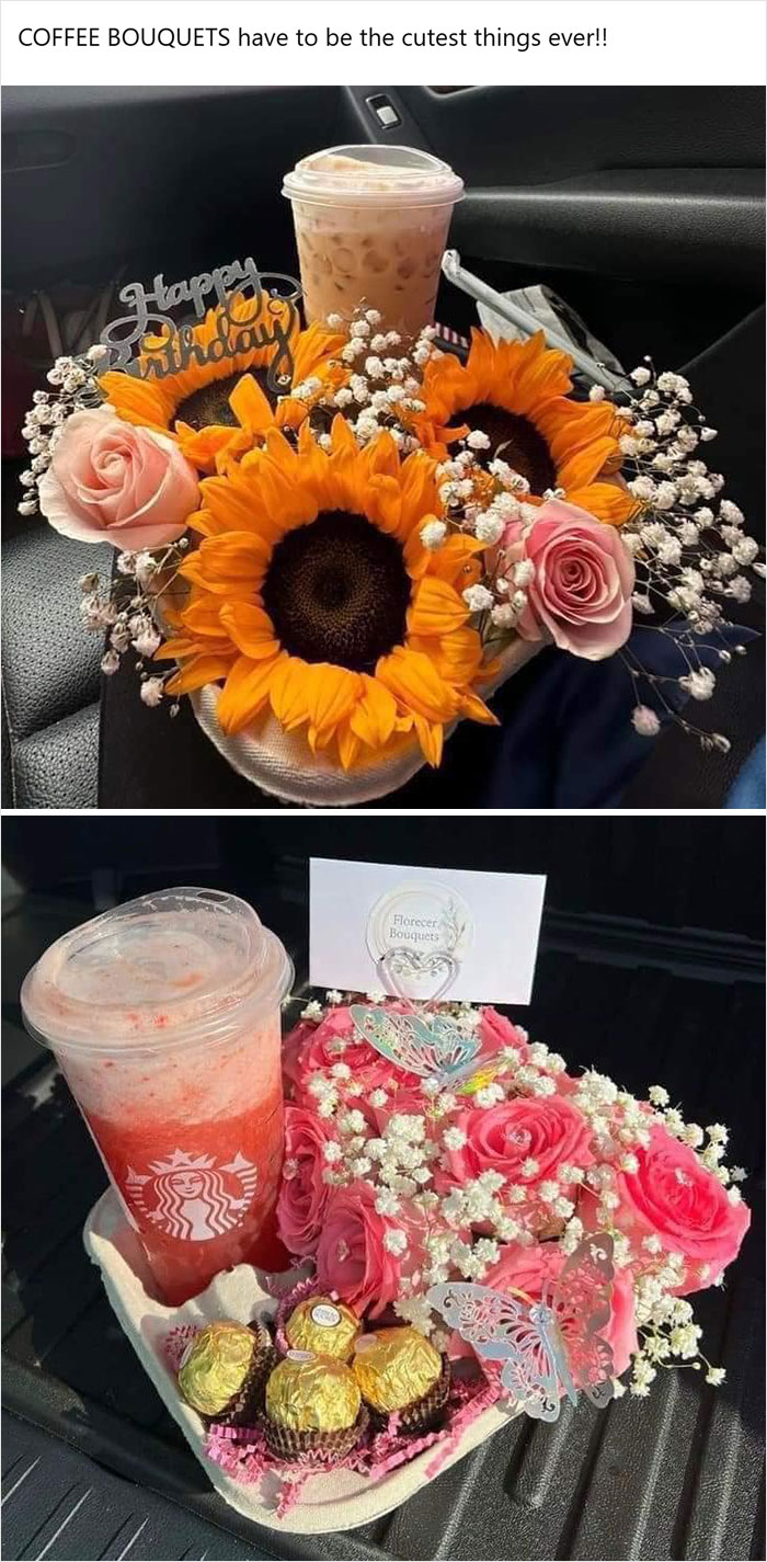 DIY coffee bouquets with iced drinks, sunflowers, roses, chocolates, and butterfly decorations in a car setting.