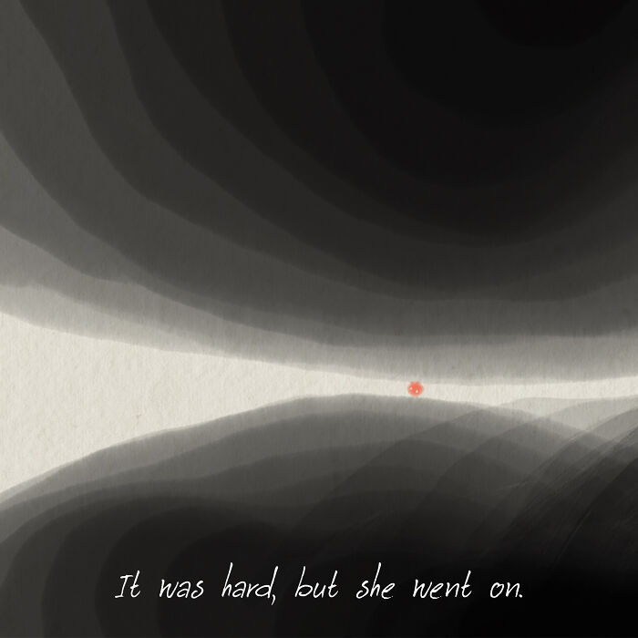 Illustration depicting life's values with a small red flower amid dark hues and the text "It was hard, but she went on."