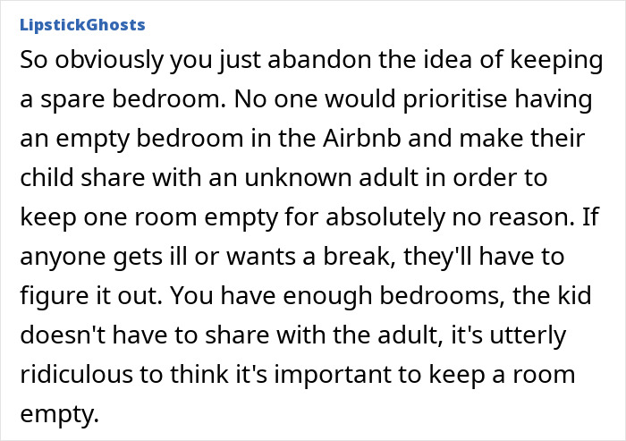 Comment text discussing room sharing and bedroom priorities during a trip. Comment text discussing room sharing and bedroom priorities during a trip.