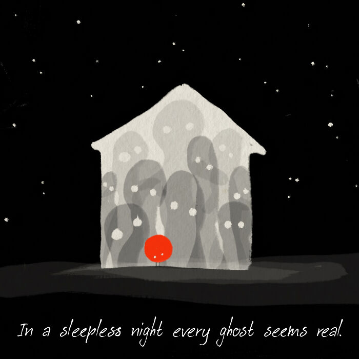 Illustration of a house with ghosts at night, highlighting the power of simplicity and life's values.