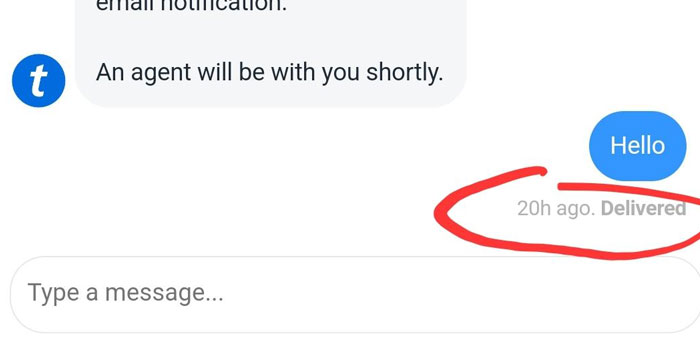Text message conversation showing customer support with a delayed response and the phrase an agent will be with you shortly.