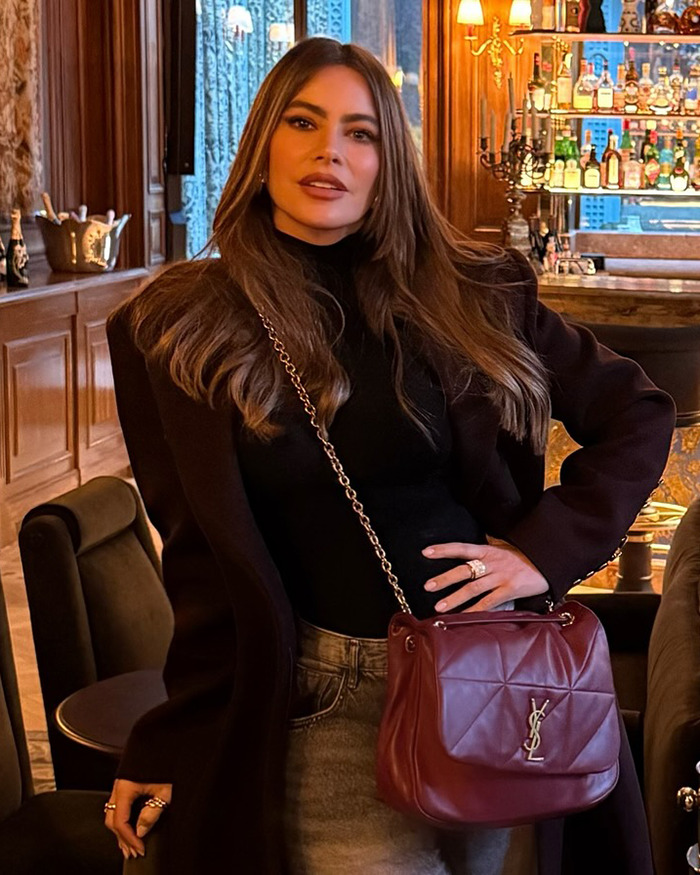 Sofia Vergara in a stylish outfit, holding a red designer bag, standing in a sophisticated bar setting.