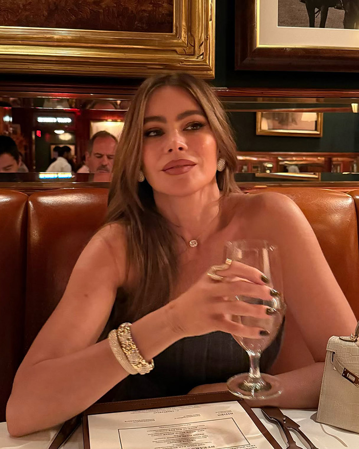 Sofia Vergara seated in a restaurant holding a wine glass, wearing jewelry and a black strapless top.