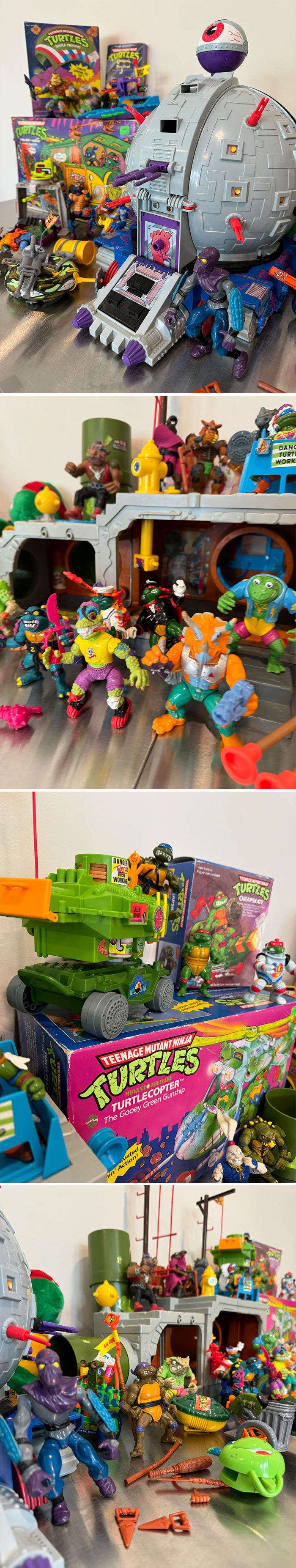Vintage toys including Teenage Mutant Ninja Turtles action figures and playsets displayed together.