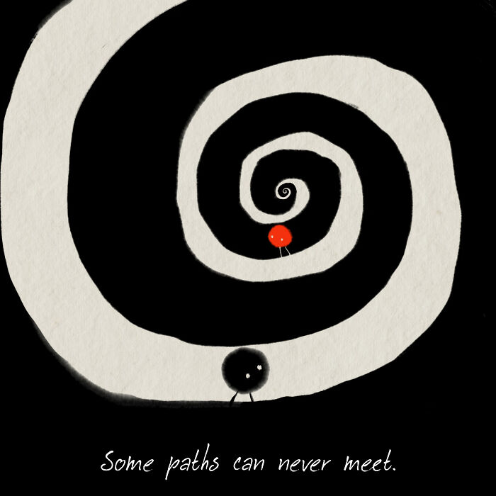Illustration depicting simplicity with two figures in a spiral path conveying life’s values.