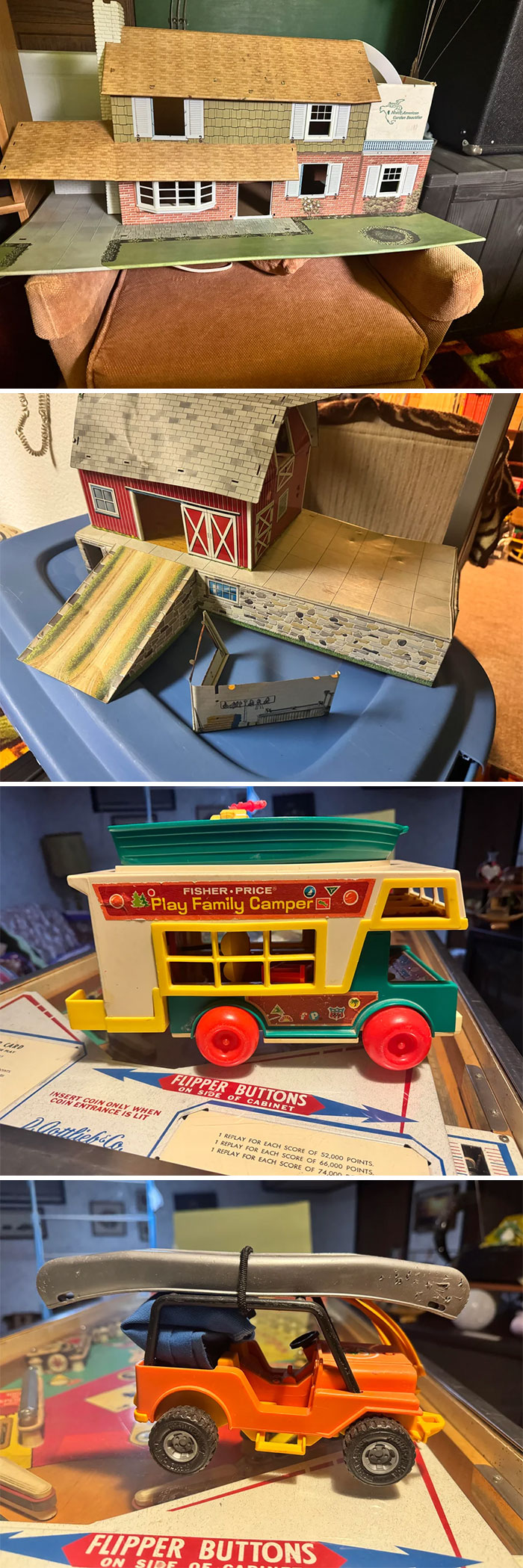 Vintage toys including a model dollhouse, barn, camper, and toy jeep, showcasing nostalgic childhood memories.