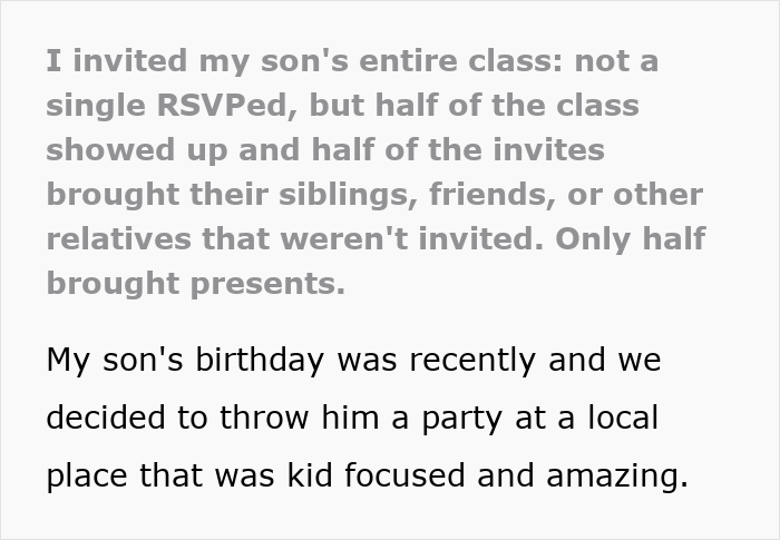 Text about parent's experience with son's party RSVPs and unexpected guests.