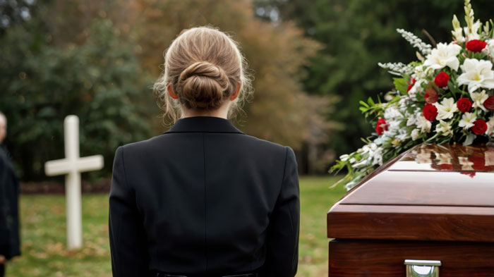 Person in black at a funeral, standing by a coffin with flowers, symbolizing family secrets revealed in a will. Person in black at a funeral, standing by a coffin with flowers, symbolizing family secrets revealed in a will.