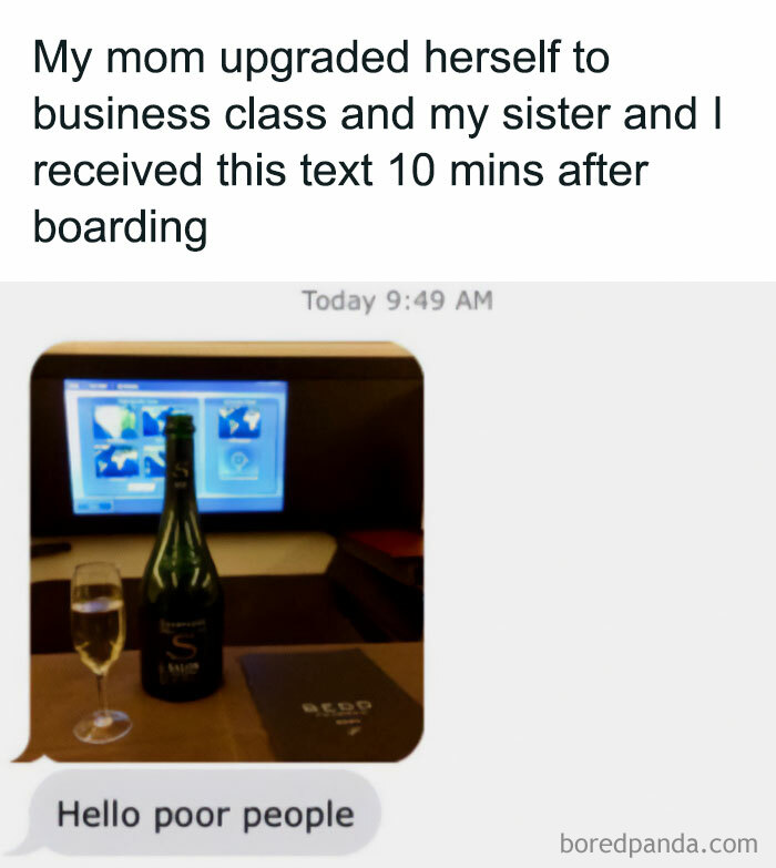 Text message humor with champagne in a business class seat, showcasing strange and funny moments.