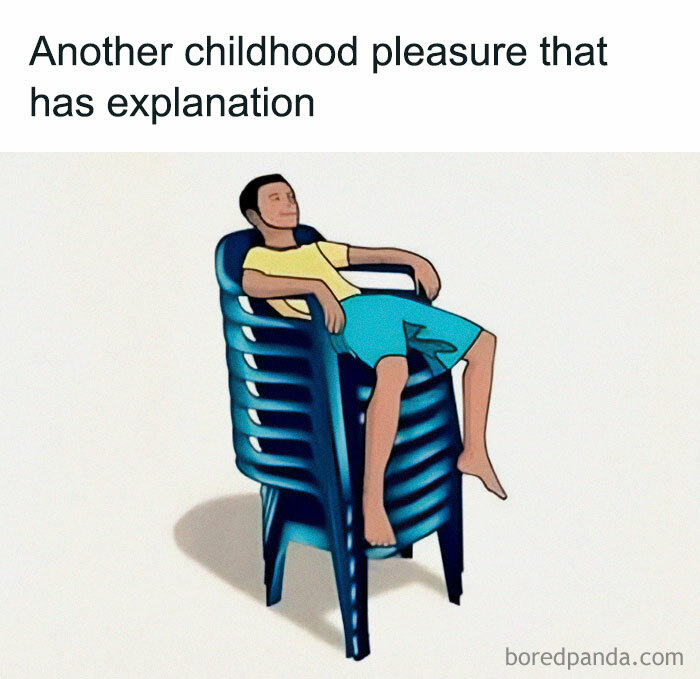 Man relaxing on stacked chairs, illustrating a funny childhood memory in a community of 300K members.