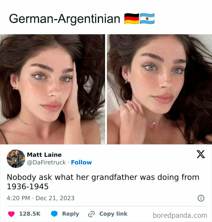 Two side-by-side photos of a woman with German-Argentinian flags, captioned humorously on Twitter.