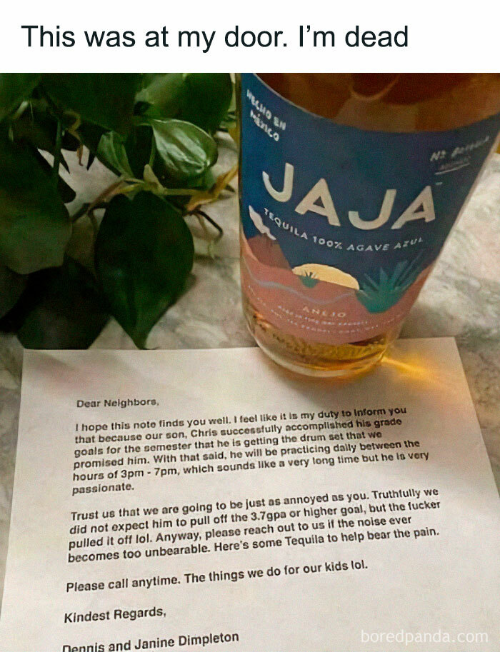 Bottle of tequila with a humorous apology letter, capturing a funny and strange moment from a community group.