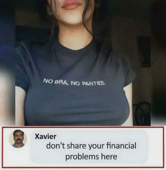 Person wearing a humorous shirt, with a comment saying, "don't share your financial problems here," reflecting the funny community theme.