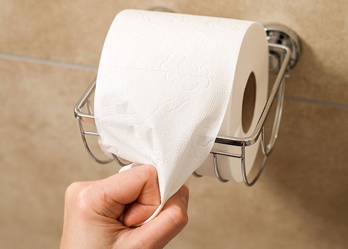 Hand reaching for toilet paper roll in a hotel room bathroom setting.